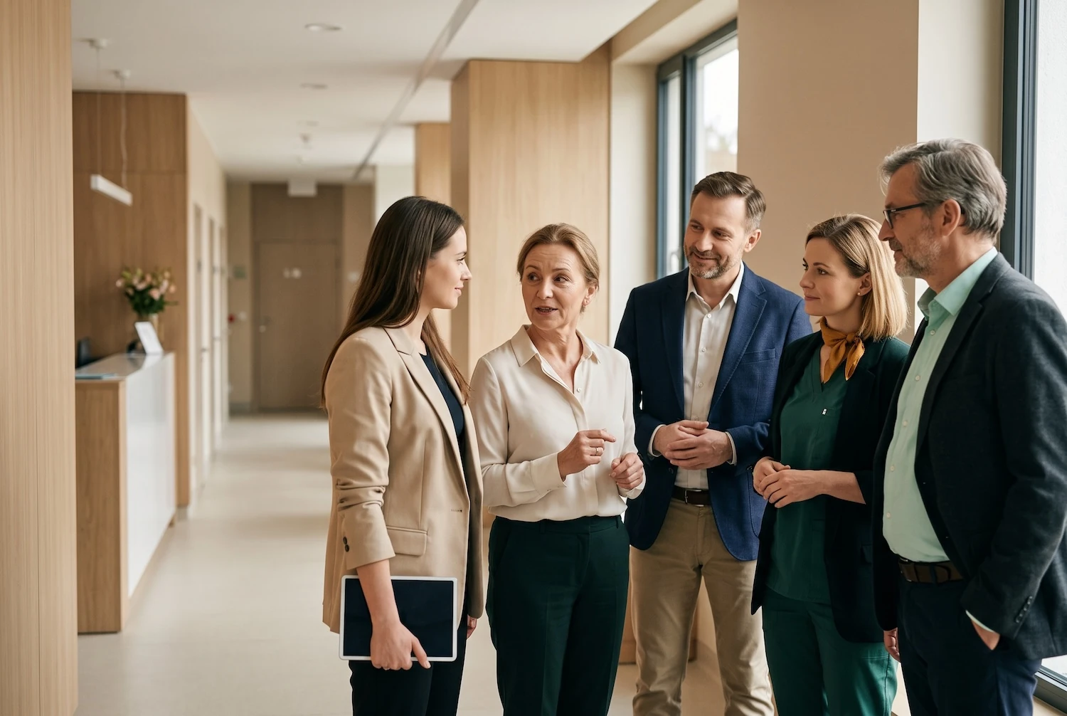 Liderzy placówek medycznych rozmawiają na korytarzu przychodni